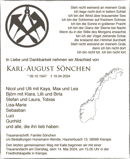 Todesanzeige von Karl-August Sönchen von WA