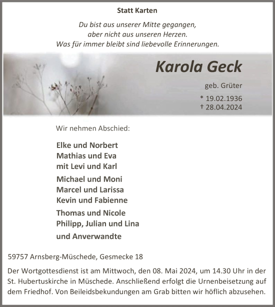 Todesanzeige von Karola Geck von WA