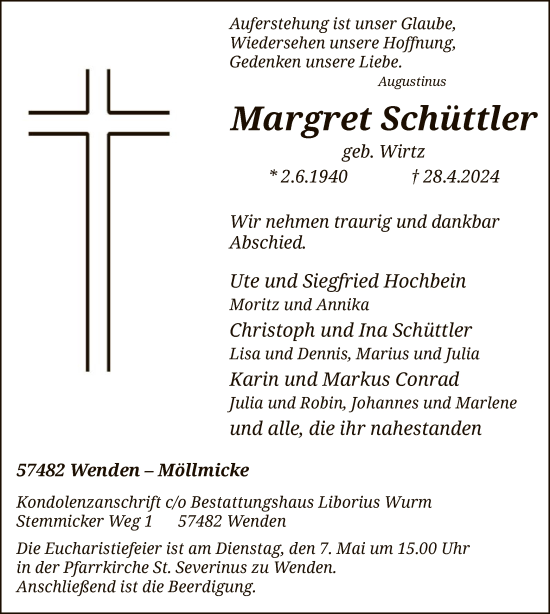 Todesanzeige von Margret Schüttler von WA