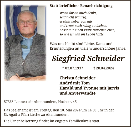 Todesanzeige von Siegfried Schneider von WA
