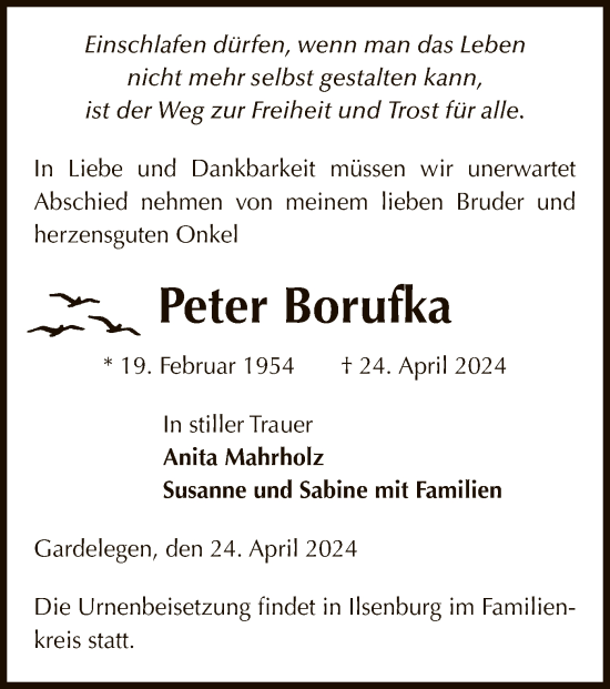 Todesanzeige von Peter Borufka von UEL