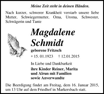 Todesanzeige von Magdalene Schmidt von Schwarzenberg