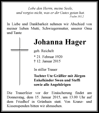 Todesanzeige von Johanna Hager von Aue, Schwarzenberg