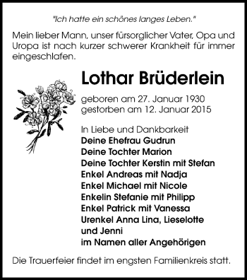 Todesanzeige von Lothar Brüderlein von Reichenbach