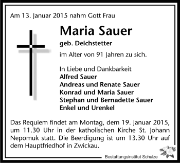 Todesanzeige von Maria Sauer von Zwickau