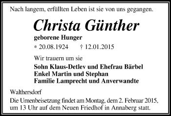 Todesanzeige von Christa Günther von Annaberg