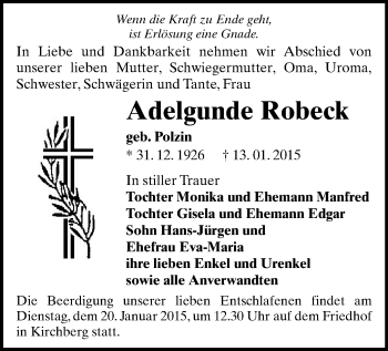 Todesanzeige von Adelgunde Robeck von Zwickau