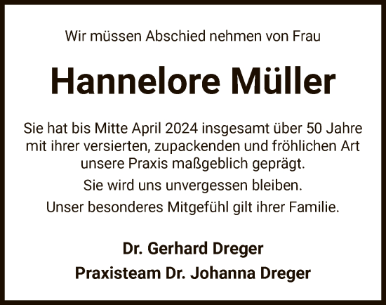 Todesanzeige von Hannelore Müller von SYK