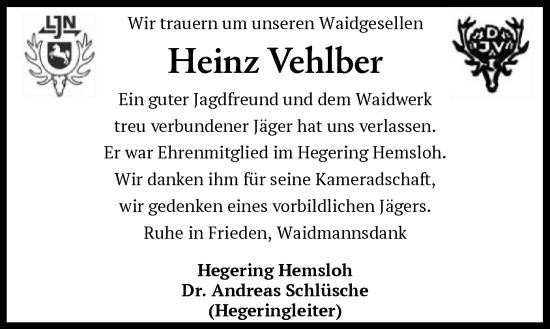 Todesanzeige von Heinz Vehlber von SYK