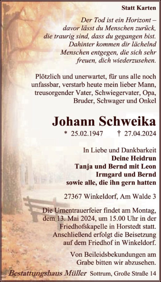 Todesanzeige von Johann Schweika von SYK