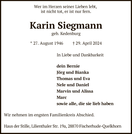 Todesanzeige von Karin Siegmann von SYK