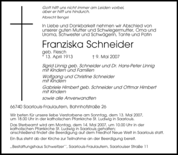 Todesanzeige von Franziska Schneider von SAARBRÜCKER ZEITUNG