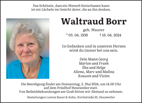 Todesanzeige von Waltraud Borr von saarbruecker_zeitung