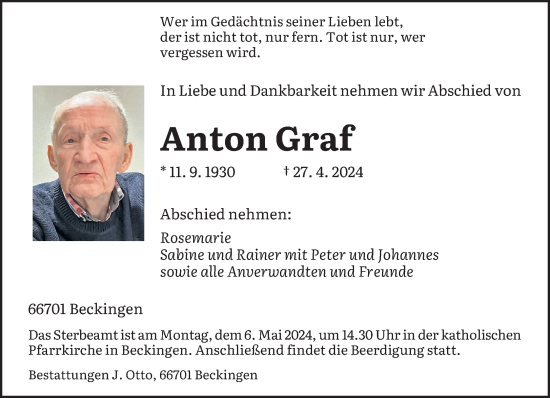 Todesanzeige von Anton Graf von saarbruecker_zeitung