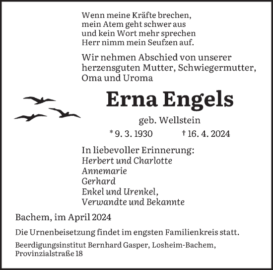 Todesanzeige von Erna Engels von saarbruecker_zeitung