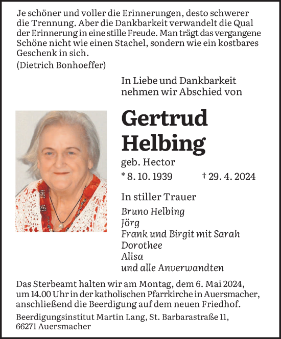 Todesanzeige von Gertrud Helbing von saarbruecker_zeitung