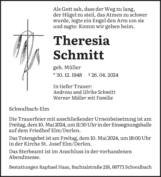 Todesanzeige von Theresia Schmitt von saarbruecker_zeitung