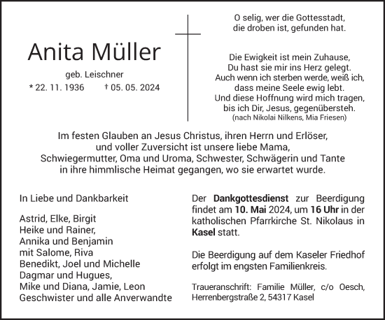 Todesanzeige von Anita Müller von trierischer_volksfreund