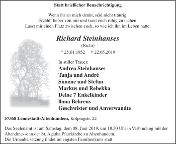 Todesanzeige von Richard Steinhanses von HSK