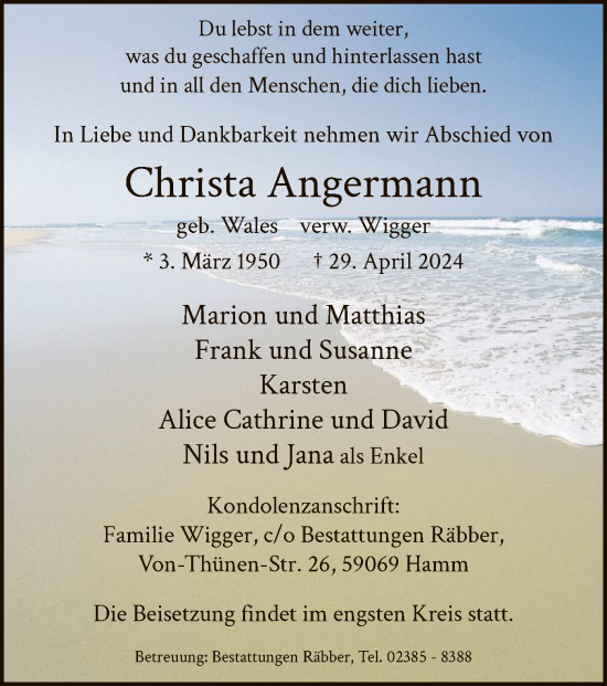 Todesanzeige von Christa Angermann von WA