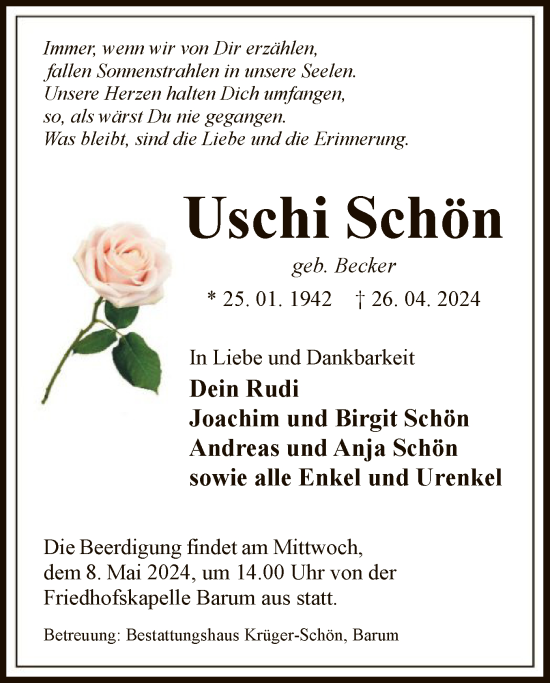 Todesanzeige von Uschi Schön von UEL